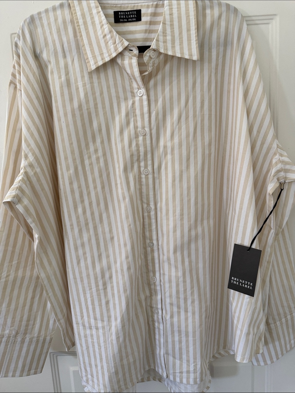 Brunette The Label Beige & White Vertical Stripe Button-Down Shirt